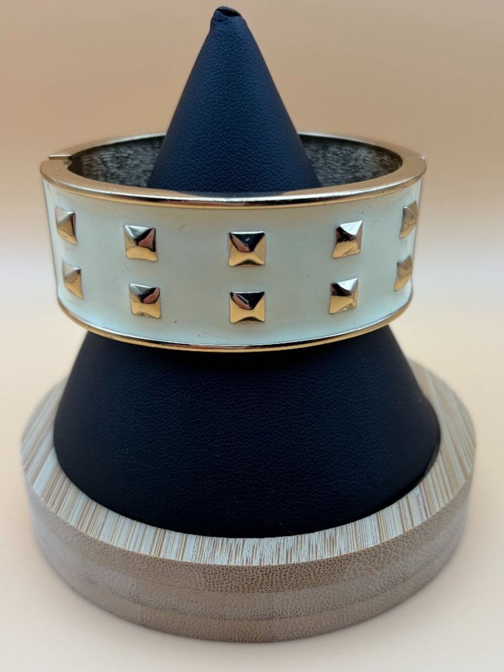 1980s Ivory Enamel/Gold Studded Hinged Clamper Bracelet